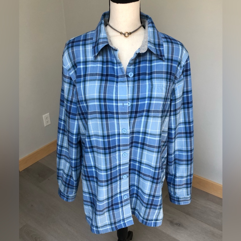 L.L.Bean Blue Plaid Fleece Lined Flannel Shacket Size Large - Picture 4 of 10